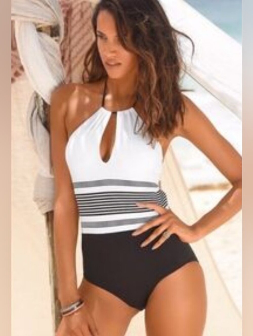 Lascana White & Black Striped Halter One-Piece Swimsuit